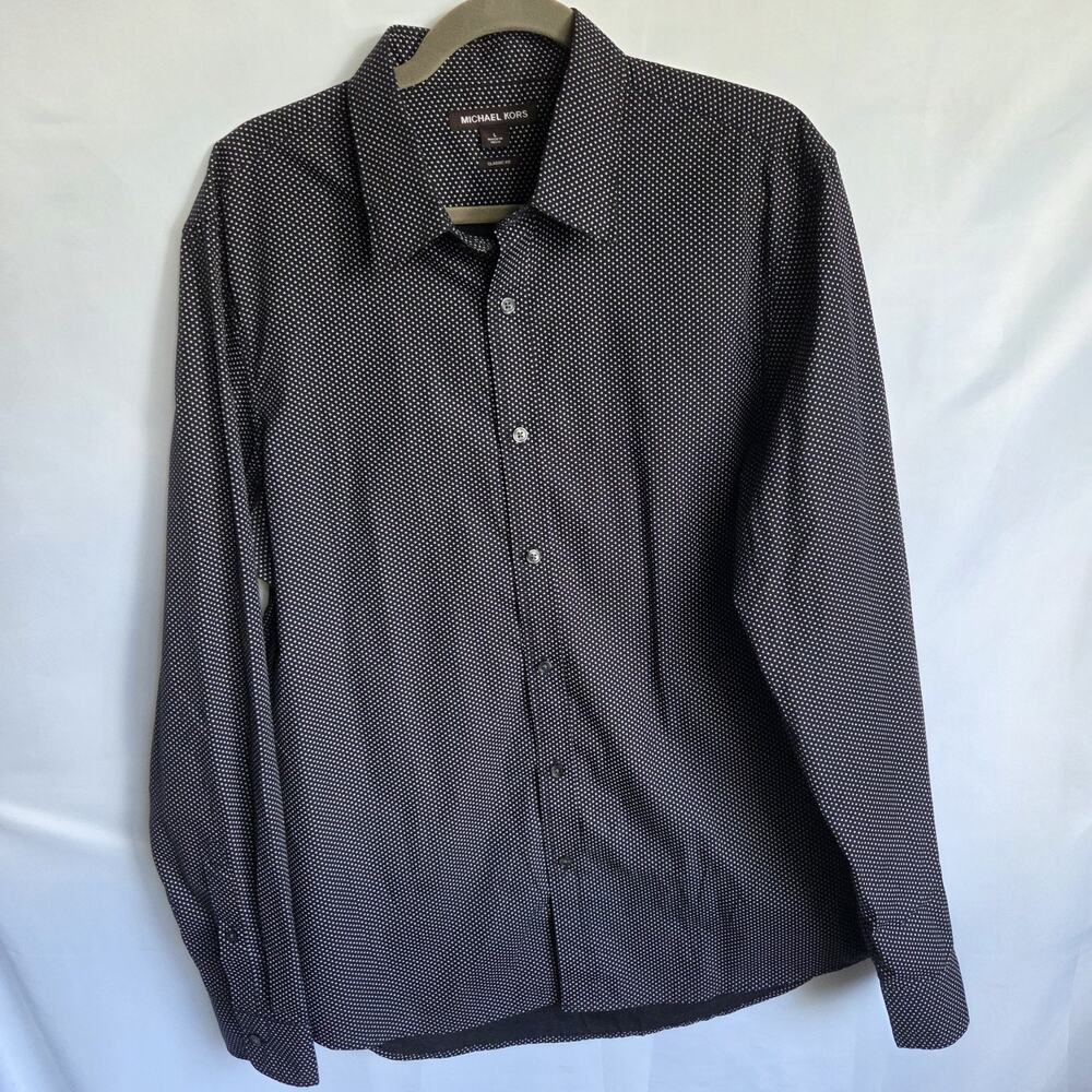 Michael Kors Mens Large Black White Dot Print Button Front Dress Shirt L
